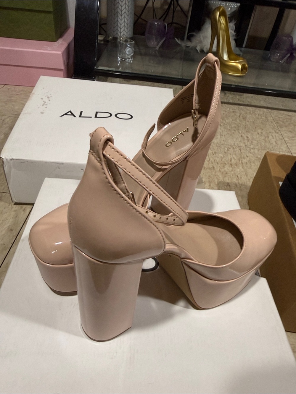 ALDO Nude Patent Platform Block Heel Pumps with Ankle Strap